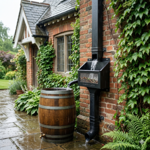 Rectangular downspout catcher with a built-in debris filter installed on a matte black rain gutter system of a classic European-style brick house. Rainwater flows through the metal mesh filter into a wooden rain barrel, demonstrating an eco-friendly rainwater harvesting system.