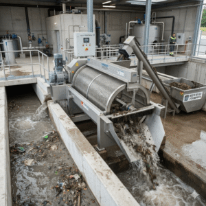 An industrial stainless steel rotary drum screen operating at an outdoor wastewater treatment facility. Wastewater flows from the left into the rotating mesh drum, filtered water discharges on the right, and separated solid waste is lifted by an inclined screw conveyor into a collection bin. Concrete structures, metal piping, and a control panel are visible in the background.