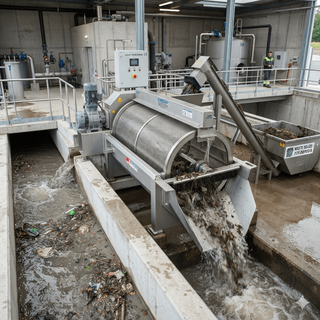 An industrial stainless steel rotary drum screen operating at an outdoor wastewater treatment facility. Wastewater flows from the left into the rotating mesh drum, filtered water discharges on the right, and separated solid waste is lifted by an inclined screw conveyor into a collection bin. Concrete structures, metal piping, and a control panel are visible in the background.