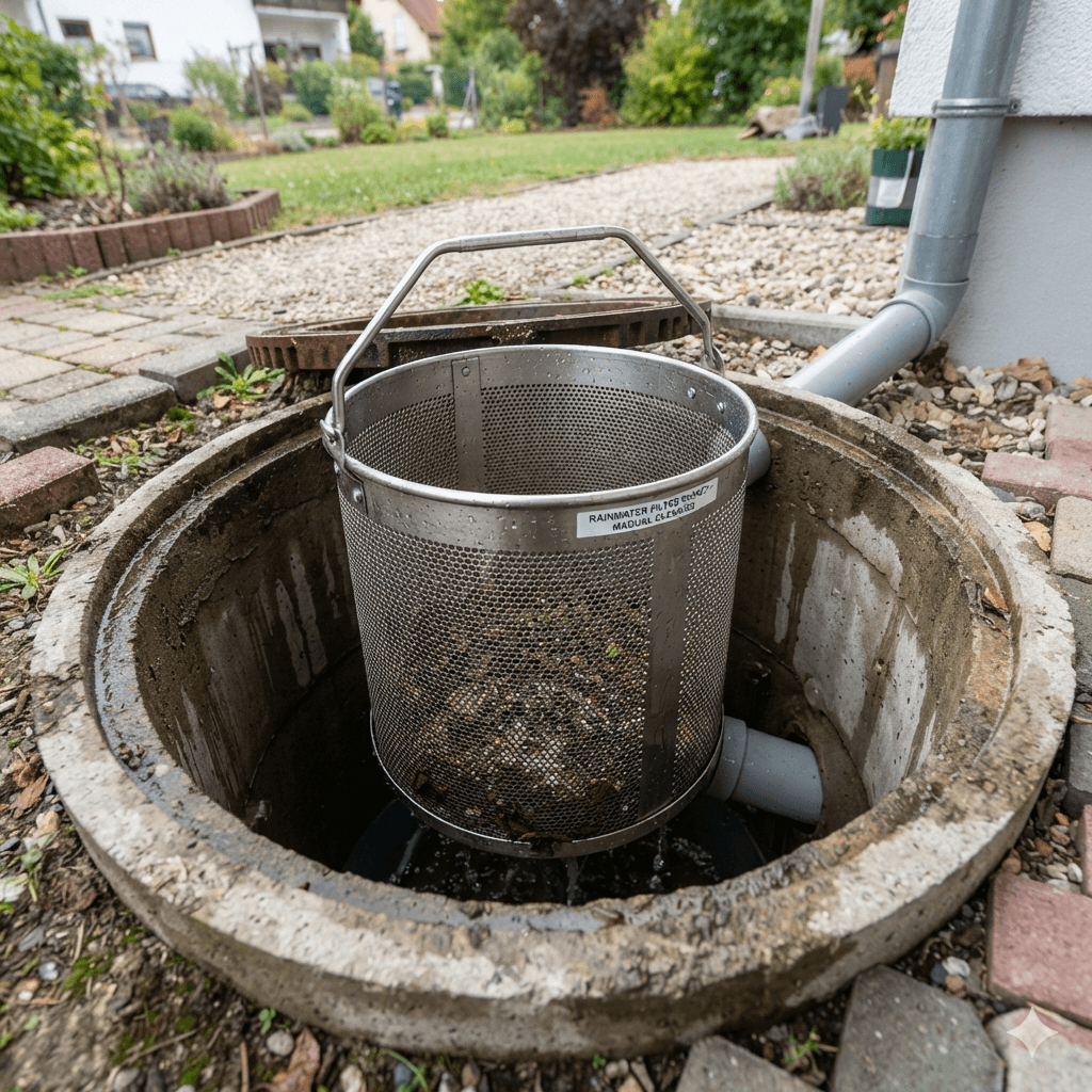 A square-format photo showing a residential rainwater harvesting system in an outdoor garden setting. A cylindrical stainless steel Screening Basket mesh filter basket with a sturdy lifting handle is positioned inside a concrete underground manhole. A grey downspout from the house directs rainwater into the shaft. The perforated basket effectively traps fallen leaves and debris while filtered water flows through, illustrating a professional stormwater filtration solution.