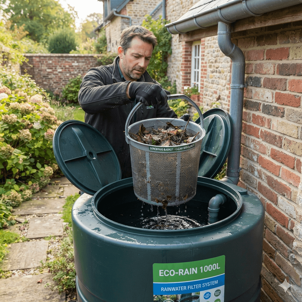 A man cleaning a residential rainwater harvesting collection system in a European-style garden. He is lifting a portable manual-clean screening bucket filter filled with fallen leaves and debris out of a large green 1,000-liter storage rain barrel tank (ECO-RAIN 1000L), with water draining from the mesh bottom.Screening Bucket