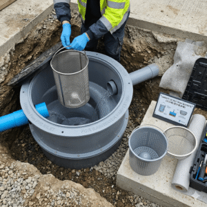 A worker installing a plastic underground vortex rainwater filter, holding a stainless steel silt trap basket, with various types of collection buckets displayed nearby. Silt Trap Bucket