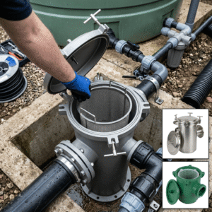 A close-up, high-angle real-world photo of a single basket strainer installed before the inlet of a green plastic water storage tank. A person wearing blue gloves is opening the metal lid, revealing the fine stainless steel mesh basket inside. The strainer housing is connected to black PVC water pipes. In the bottom right corner, two inset images display alternative material options: a stainless steel strainer and a green plastic strainer. The image contains no text.