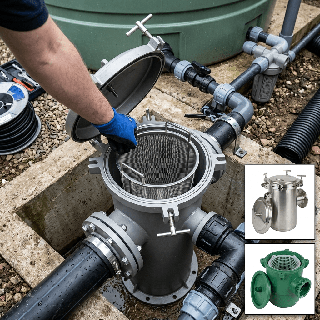 A close-up, high-angle real-world photo of a single basket strainer installed before the inlet of a green plastic water storage tank. A person wearing blue gloves is opening the metal lid, revealing the fine stainless steel mesh basket inside. The strainer housing is connected to black PVC water pipes. In the bottom right corner, two inset images display alternative material options: a stainless steel strainer and a green plastic strainer. The image contains no text.