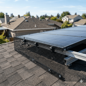 Close-up of a Solar Panel Bird Guards securely fastened with clips around residential solar panels on a shingle roof to prevent birds from nesting underneath.
