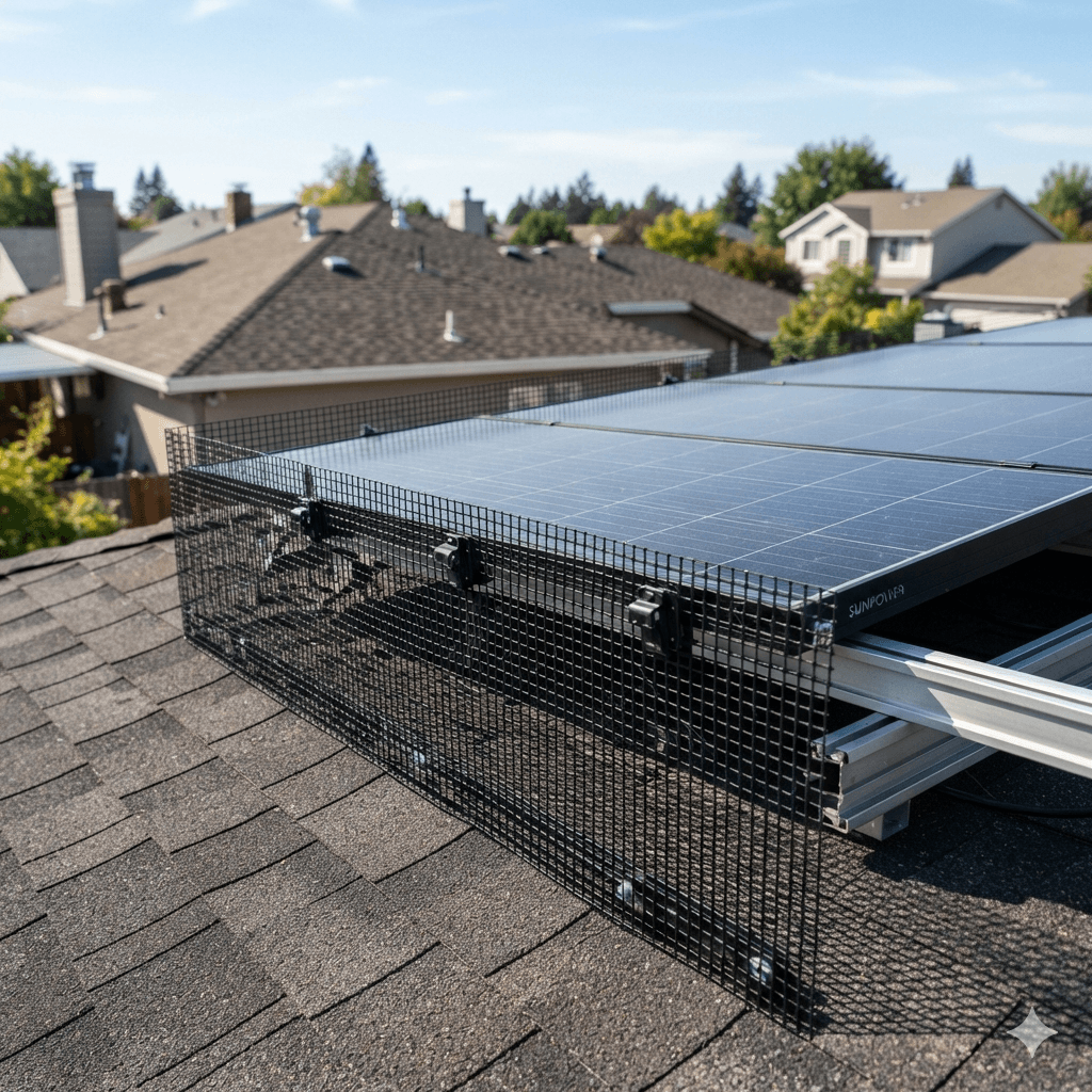 Close-up of a Solar Panel Bird Guards securely fastened with clips around residential solar panels on a shingle roof to prevent birds from nesting underneath.