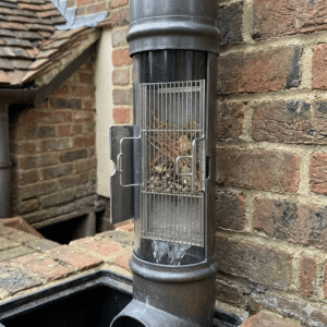Real-world application of a residential rainwater collection and Stainless Steel Filter Sieve filtration system on a European-style red brick wall. A vertical dark grey downspout integrates a central transparent inspection section with its side metal door open to the left. Through the clear window, a dual-handle stainless steel fine-mesh filter basket is vertically inserted, trapping accumulated pine needles and leaves while clean water flows out from the bottom. A rustic tiled roof is visible in the background.