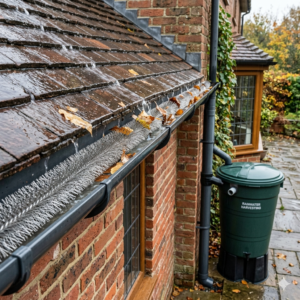 High-quality 304 stainless steel gutter guard brush under a magnifying glass, showing metallic bristles collecting rainwater on an European brick house roof, with a green rain barrel linked to the downspout.