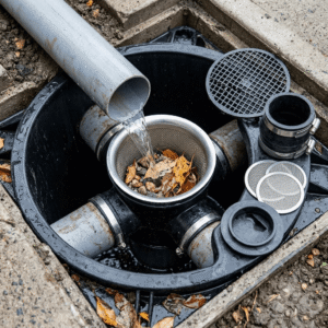 Stainless Steel Gutter Filter Basket A high-angle, close-up shot of a stainless steel filter basket installed inside a black plastic rainwater harvesting and filtration system in the ground. Clear water flows from a grey PVC pipe into the filter basket, which catches fallen leaves and small stones. Next to the system, related accessories are displayed, including a round grid cover, extra mesh circular filters, and rubber pipe couplings with metal clamps.