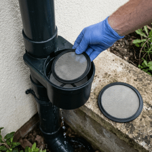 Installation of an anti-mosquito tank screen inside a first flush diverter for rainwater harvesting infrastructure. A hand wearing a blue glove places a fine stainless steel mesh filter with a black rubber gasket into the green downpipe diverter, with an additional spare screen displayed nearby. Demonstrates modern eco-friendly filtration system maintenance.