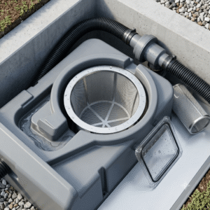 Top-down close-up view of a stainless steel basket filter installed inside an underground rainwater harvesting filtration system, with a smaller mesh cartridge and clear lid placed alongside. Stainless Steel Mesh Basket Strainer