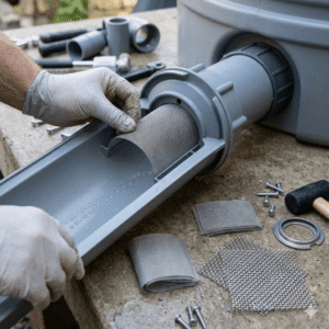 A close-up, realistic photo showing a worker wearing white protective gloves installing a semi-circular stainless steel wire mesh filter into a gray rainwater harvesting and filtration pipe system. On the workbench next to the pipe, several other stainless steel mesh sheets with different pore sizes, screws, and a rubber mallet are placed. The image contains no text. Stainless Steel Rainwater Filter Mesh