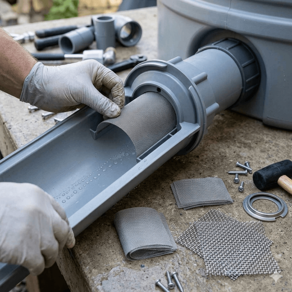 A close-up, realistic photo showing a worker wearing white protective gloves installing a semi-circular stainless steel wire mesh filter into a gray rainwater harvesting and filtration pipe system. On the workbench next to the pipe, several other stainless steel mesh sheets with different pore sizes, screws, and a rubber mallet are placed. The image contains no text. Stainless Steel Rainwater Filter Mesh