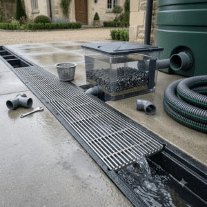 A stainless steel linear slot drainage grate is installed over a ground trench in a European-style residential courtyard. Clear rainwater flows through the metal grate into the drainage system. Positioned nearby are matching rainwater harvesting and filtration equipment, including a transparent filter box with gravel media, a large green water storage tank, a flexible drainage hose, and PVC pipe connectors. The image illustrates a practical application of a residential rainwater collection and recycling system. Stainless Steel Wedge Wire Screen Panel