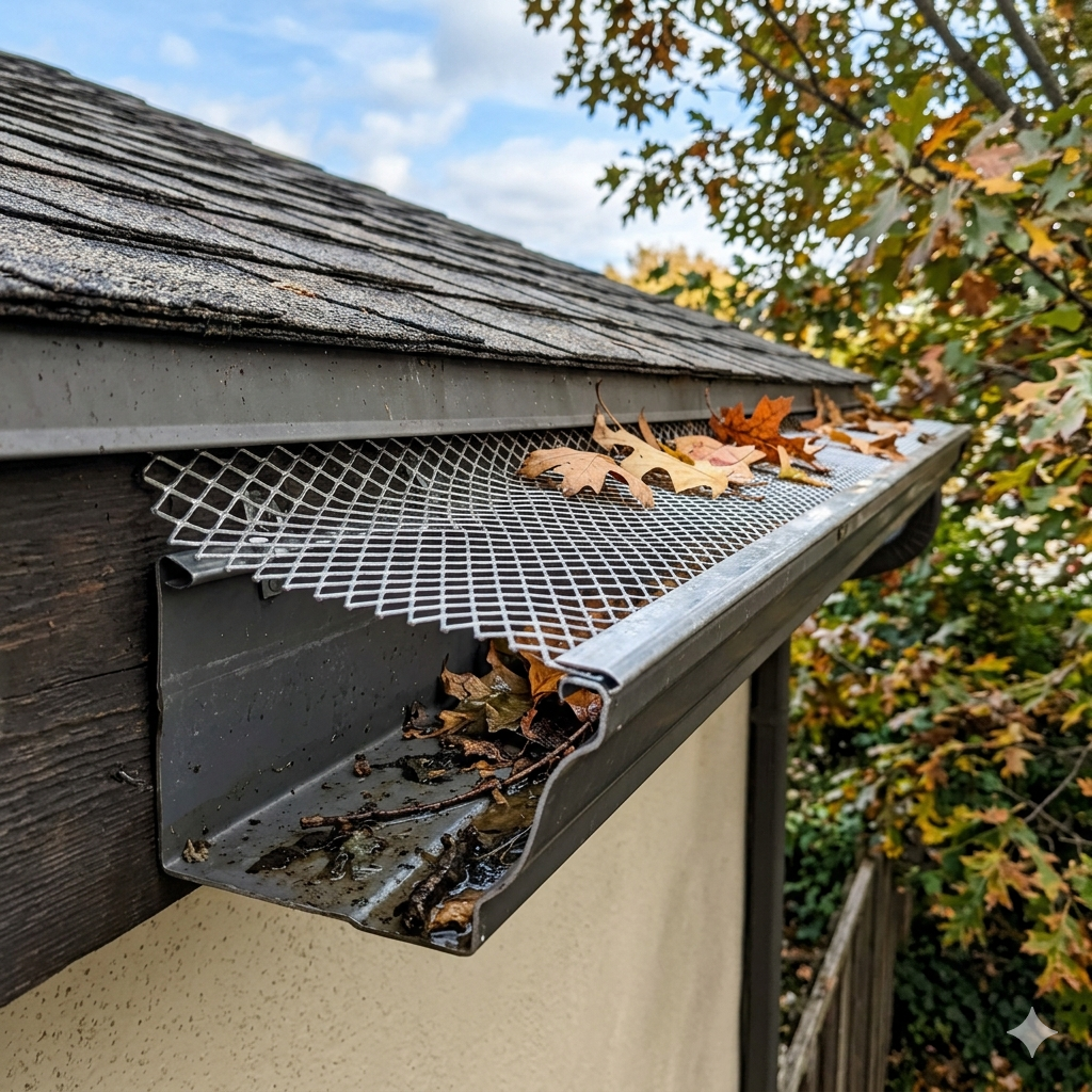 Expanded Aluminum Gutter Screen Standard expanded aluminum wire mesh gutter guard screen installed on a roof gutter with fallen leaves.
