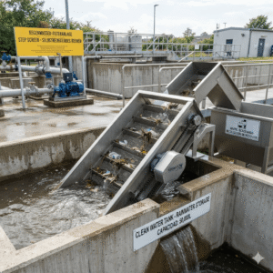 An operational self-cleaning Step Screen in a European rainwater harvesting and filtration system, actively separating debris like branches and plastics from stormwater in an outdoor concrete basin.