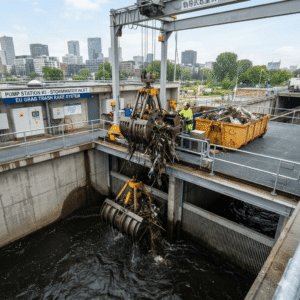 An operational image of an Trash Rake stormwater treatment system at a pump station. A gantry crane operates mechanical grab buckets over a deep well to filter and remove large debris like branches and plastics from the water inlet. The cleared trash is being dumped into a large yellow skip container, with a modern city skyline in the background.