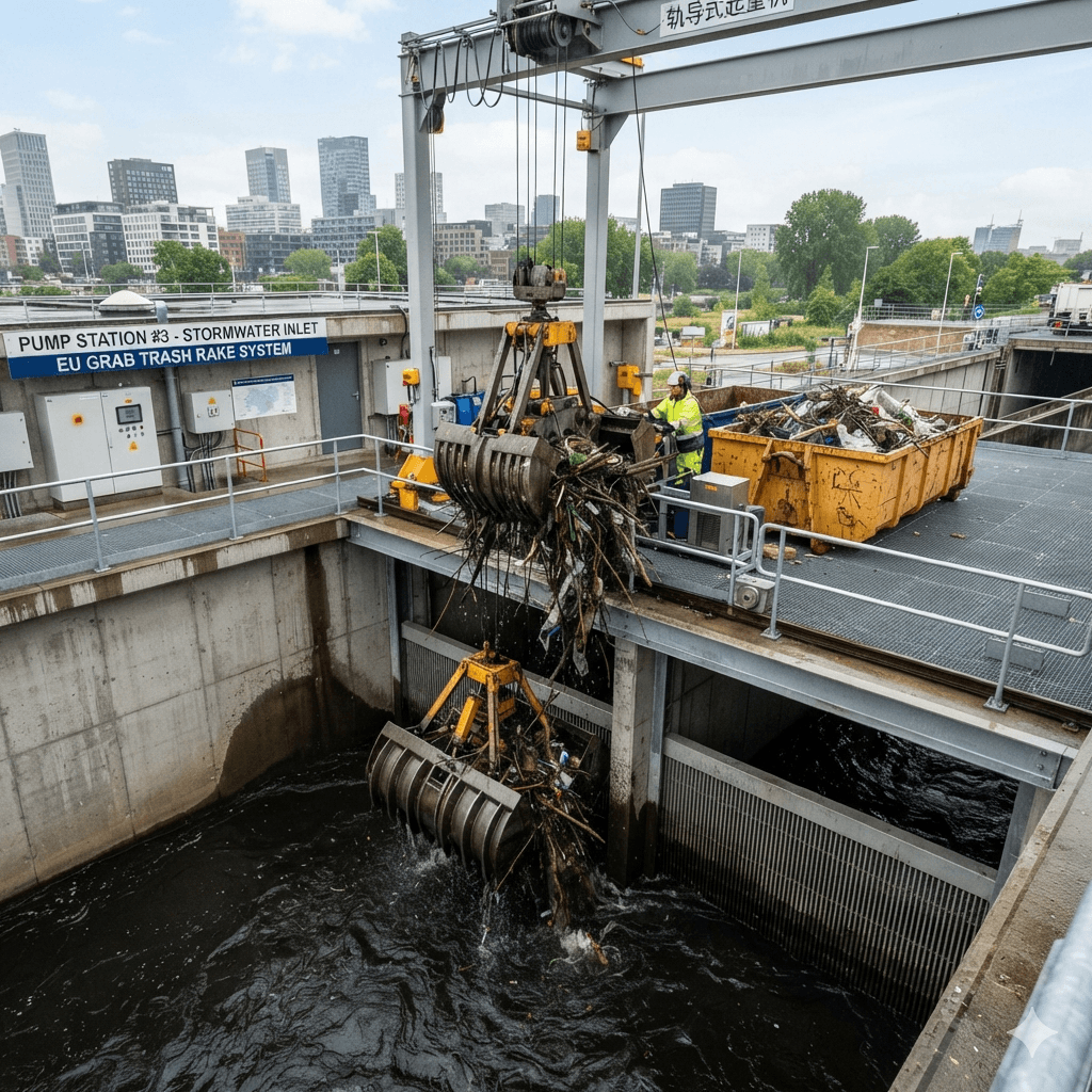 An operational image of an Trash Rake stormwater treatment system at a pump station. A gantry crane operates mechanical grab buckets over a deep well to filter and remove large debris like branches and plastics from the water inlet. The cleared trash is being dumped into a large yellow skip container, with a modern city skyline in the background.