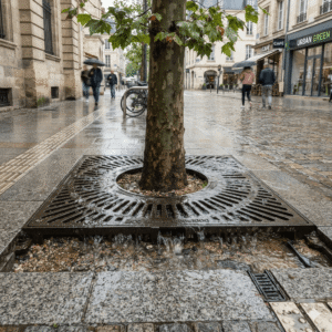 A 1000x1000 square cast iron tree grates filtering and collecting rainwater on a European-style city street.