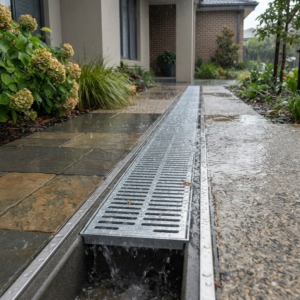 Stainless steel Trench & Channel Drain Grates installed on a residential stone walkway, showcasing residential rainwater collection and linear drainage channel system during a rainy day.