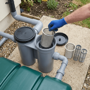 A twin basket strainer rainwater harvesting filter system installed before a storage tank. A gloved hand is inserting a stainless steel mesh basket into the gray housing, with spare stainless steel and injection-molded plastic filters displayed on the side.