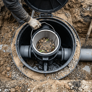 Underground rainwater harvesting inspection chamber with filter mesh installation. Underground Inspection Chamber