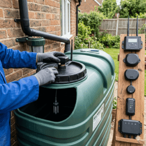 Installation of wireless tank level indicator on a green rainwater harvesting barrel with multiple smart sensors displayed nearby.
