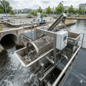 fine & micro screens Real-world application of a stainless steel rotary drum micro-screen system in an urban stormwater harvesting and drainage facility. Heavy rainwater discharges from a large concrete pipe on the left into the filter. Leaves and debris are separated by the rotating fine mesh drum, lifted by a screw conveyor, and discharged into a collection hopper on the right. The system features a waterproof control box, set against an outdoor European-style water treatment plant with pipes, basins, green trees, and modern buildings.