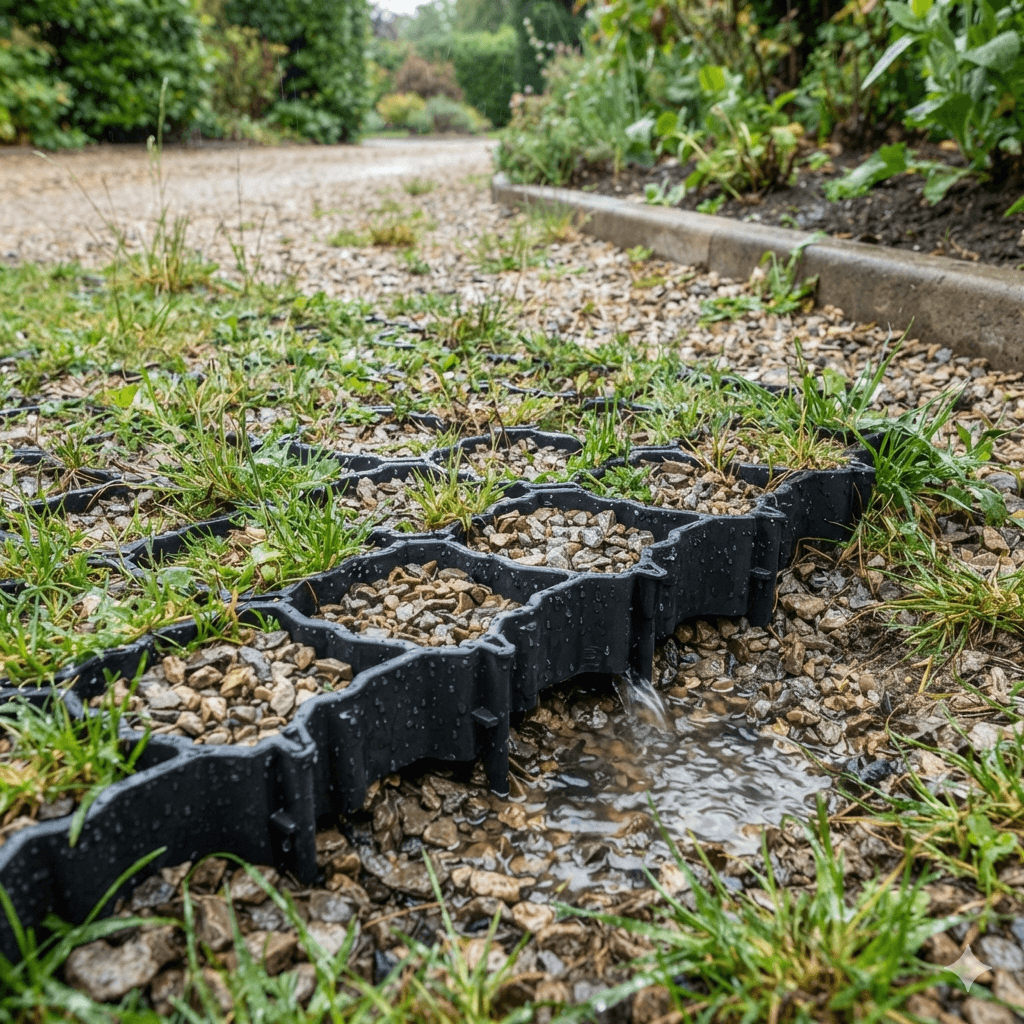 Close-up shot of a black plastic grass grids installer on a gravel pathway during rain, demonstrating stormwater management and drainage filtration as water flows through the permeable pavers and stones in a European or American residential yard.