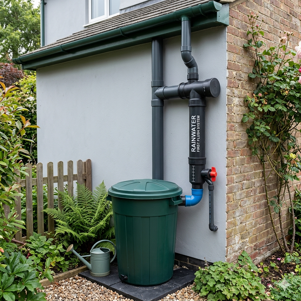 Outdoor residential rainwater first flush system installed on a villa downspout pipe for home water harvesting setup.