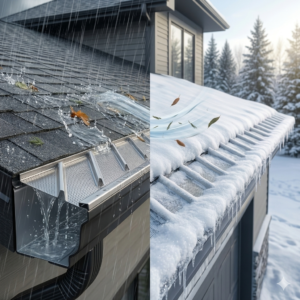 A durable stainless steel micro-mesh gutter guard with distinct longitudinal V-shaped bends installed on an aluminum gutter, designed to brush off leaves and guide heavy rain.