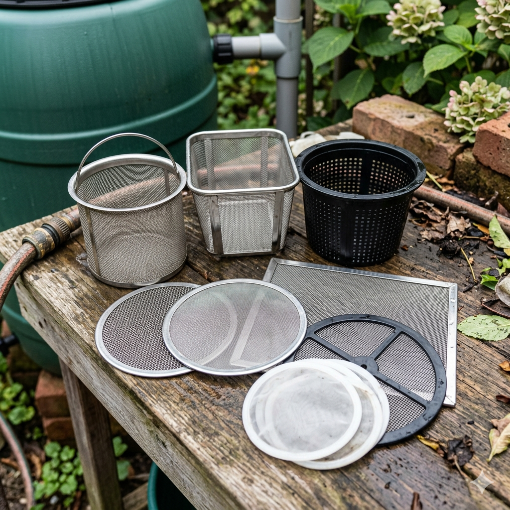 Heavy-duty rainwater tank filter screen bucket with 304 stainless steel mesh and durable PE plastic rim for rain barrel debris filtration.