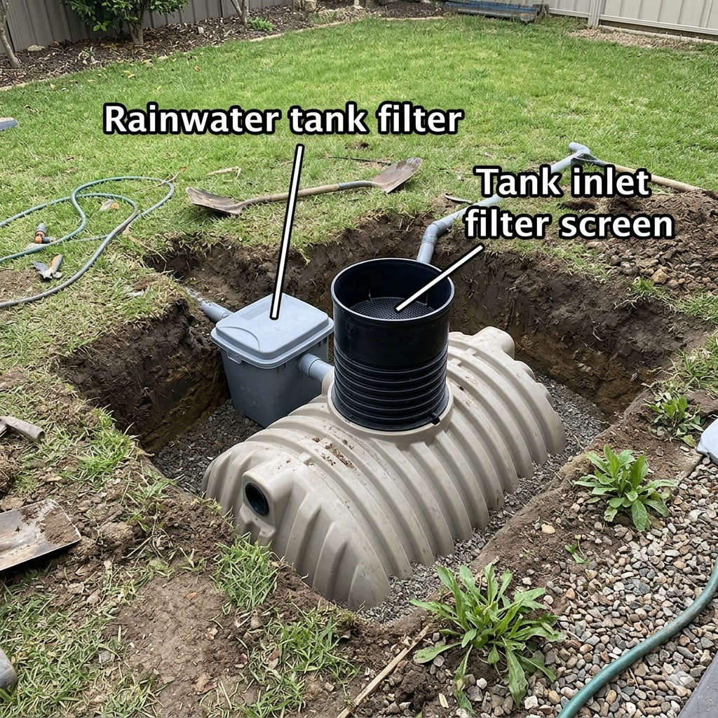 Premium OEM replacement tank filter cartridge with multi-layer fine mesh and activated carbon for household rainwater purification.