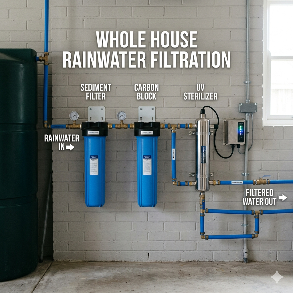 Multi-stage residential rainwater purification system with UV sterilizer and sediment carbon water filters mounted on a wall.