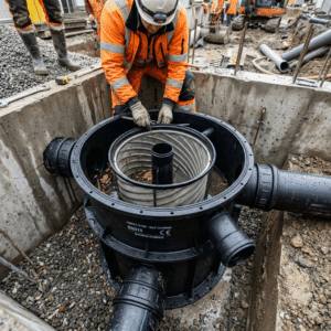 Real installation photo of a plastic underground vortex rainwater filter with a stainless steel inner mesh and multiple pipe connections.