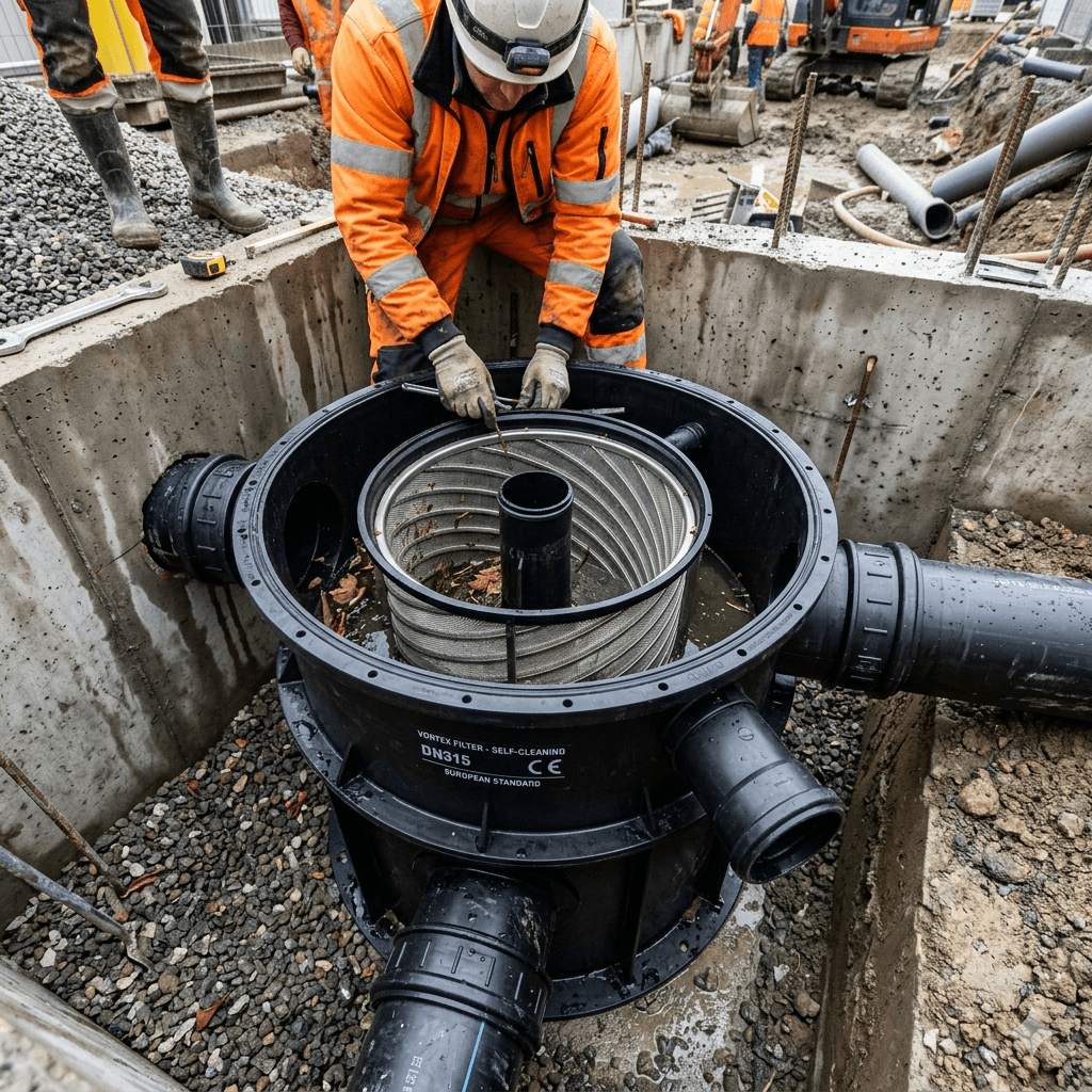 Real installation photo of a plastic underground vortex rainwater filter with a stainless steel inner mesh and multiple pipe connections.
