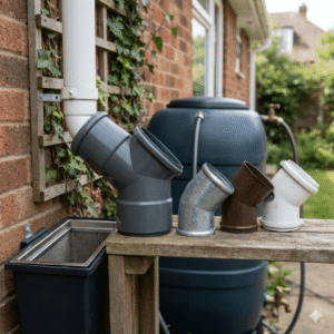 Product application showcasing various materials of 45 Degree Elbow for residential and commercial rainwater collection and filtration systems.