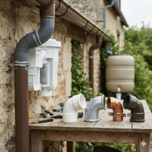 A close-up, eye-level product application image of a rainwater harvesting and filtration system for European and American residential or commercial use. On the left, a grey 90 Degree Elbow is installed on a downpipe attached to a stone wall. In the foreground, four other styles of 90 Degree Elbow made of different materials are displayed side-by-side on a wooden workbench: white PVC, galvanized steel, copper, and brown plastic. A rain barrel is visible in the blurry background.