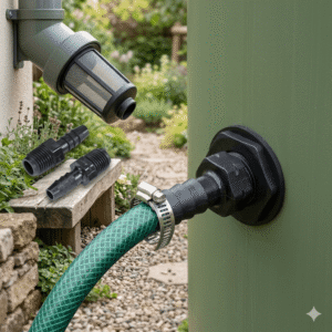 Plastic bulkhead tank connector with hose barb installed on rain barrel in garden system.
