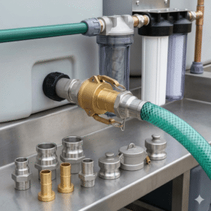 A close-up, eye-level product application image of a Camlock Coupling utilized in a European and American rainwater harvesting and filtration system. The main focus shows a brass Camlock Coupling securely installed and connecting a large water tank, water filters, and a green hose. On the stainless steel surface below, various sizes and types of stainless steel and brass Camlock Coupling components are neatly displayed. The professional scene contains no text or labels.