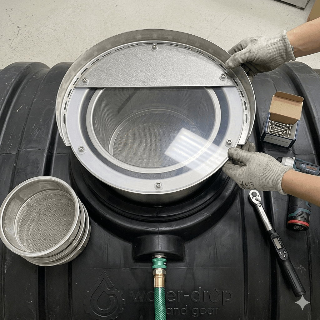 Close-up top-down view of a rainwater filtration system being installed on top of a black plastic storage tank. A worker wearing protective gloves is placing the stainless steel filter unit with a transparent splash guard into the tank's top opening. A green hose with a metallic coupler connects to the bottom of the unit. A screw box, power drill, torque wrench, and extra mesh filters are placed nearby.