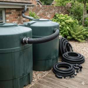 A close-up view of two green rainwater harvesting tanks connected by a black Corrugated Tank Connection Hose. On the wooden decking to the right, multiple sizes of coiled corrugated hoses and various fittings are neatly displayed against a European-style brick wall garden background.