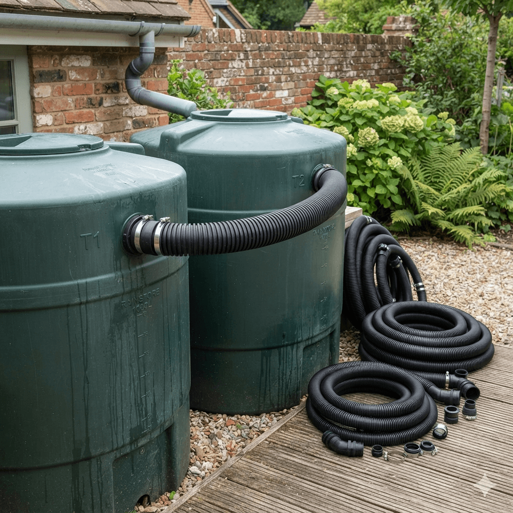 A close-up view of two green rainwater harvesting tanks connected by a black Corrugated Tank Connection Hose. On the wooden decking to the right, multiple sizes of coiled corrugated hoses and various fittings are neatly displayed against a European-style brick wall garden background.
