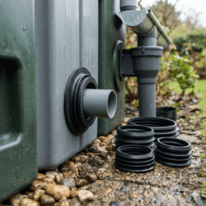 Close-up eye-level view of a black EPDM Tank Seal installed on a grey rainwater collection tank pipe, with multiple loose EPDM Tank Seals of various sizes stacked on the pebbled ground nearby within a European-style garden filtration system.
