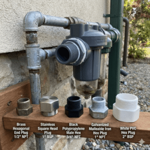 Solid male-threaded end plug for rainwater harvesting filtration systems.