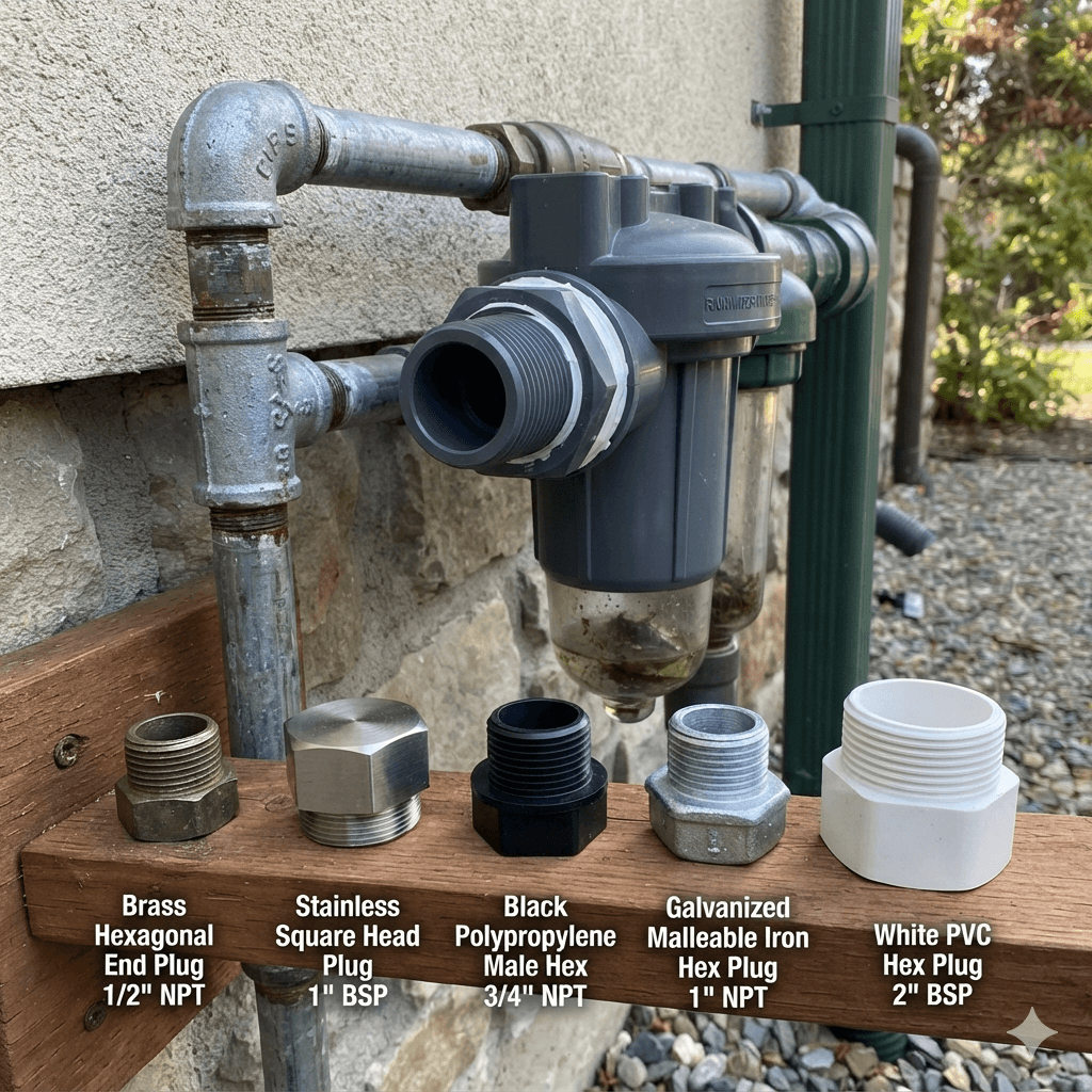 Solid male-threaded end plug for rainwater harvesting filtration systems.
