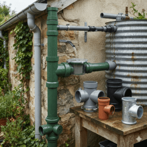 A close-up, eye-level real product application shot of a European and American rainwater harvesting filtration system. On the left, a green pipe setup is mounted on a stone wall, featuring an integrated green Equal Tee for Rainwater Harvesting with a built-in filter unit, directing clear filtered water into a corrugated metal storage tank on the right. In the bottom right corner, a wooden workbench showcases four alternative designs of the Equal Tee for Rainwater Harvesting in various materials and styles, including gray, orange, black plastic, and silver galvanized metal, with no text on the image.