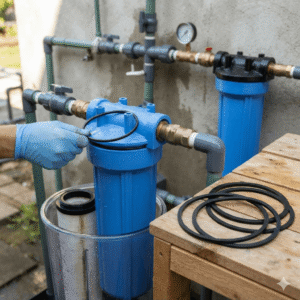 A close-up, eye-level shot of a real-world rainwater filtration system installation. A hand wearing blue gloves is placing a black Filter Housing O-Ring onto the rim of a blue sediment filter housing. On a wooden bench nearby, several spare Filter Housing O-Rings are neatly placed, highlighting their use as high-frequency replacement parts for residential and commercial water purification systems.