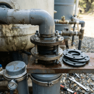 A close-up shot of a Flange Gasket applied in a European/American rainwater harvesting and filtration system. The center features a bolted metal flange joint securely installed with a black rubber Flange Gasket. On the rusty metal plate to the right, a stack of spare black circular Flange Gasket components with bolt holes is displayed. The background shows outdoor filter tanks, water storage containers, and connected piping, with a wrench lying on the ground.