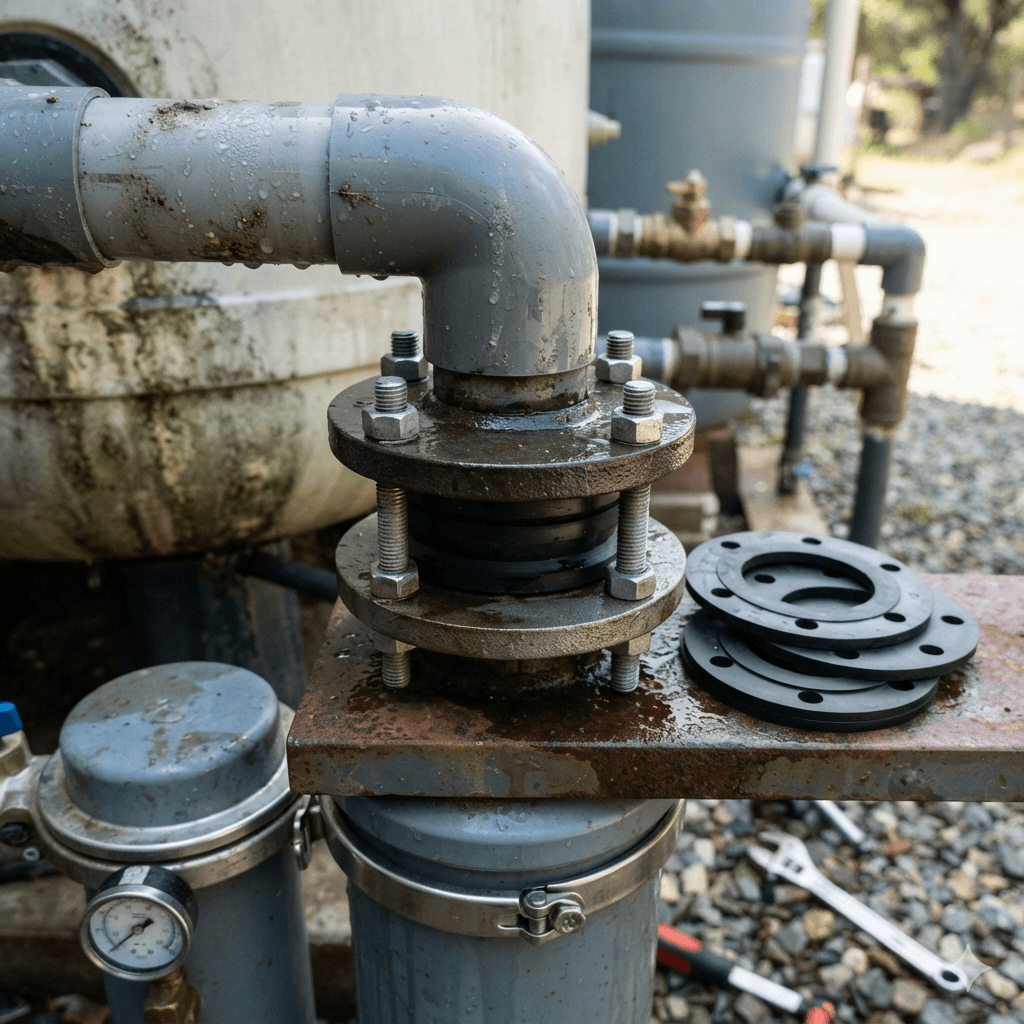 A close-up shot of a Flange Gasket applied in a European/American rainwater harvesting and filtration system. The center features a bolted metal flange joint securely installed with a black rubber Flange Gasket. On the rusty metal plate to the right, a stack of spare black circular Flange Gasket components with bolt holes is displayed. The background shows outdoor filter tanks, water storage containers, and connected piping, with a wrench lying on the ground.